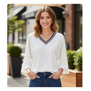 Peace of Cloth Jaime Jones White V-Neck Oversized Pullover Top Womens S